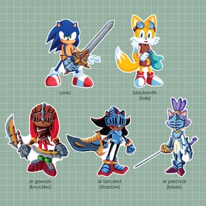 Puede incluir: Una ilustración digital de Sonic the Hedgehog, Tails, Knuckles, Shadow y Blaze vestidos como caballeros medievales. Sonic sostiene una espada, Tails sostiene un martillo, Knuckles sostiene una espada, Shadow sostiene una espada y Blaze sostiene una espada.