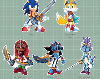 May include: A digital illustration of Sonic the Hedgehog, Tails, Knuckles, Shadow, and Blaze dressed as medieval knights. Sonic is holding a sword, Tails is holding a hammer, Knuckles is holding a sword, Shadow is holding a sword, and Blaze is holding a sword.