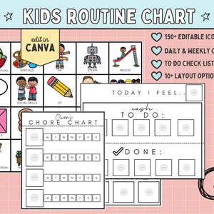 May include: A pink and white Kids Routine Chart with editable icons, daily and weekly charts, and to-do checklists. The chart includes sections for science, social skills, speech, and life skills. The text "edit in CANVA" is visible.