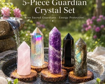 May include: A 5-piece crystal set featuring five polished stone points in pink, iridescent, purple, black, and grey with blue flashes. Each crystal stands on a small circular wooden slice. Text reads: 5-Piece Guardian Crystal Set.