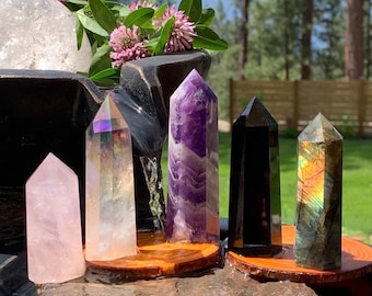 5-Piece Guardian Crystal Energy Protection Set:  High Quality Obsidian, Angel Aura Quartz, Dream Amethyst, Labradorite, Rose Quartz Points