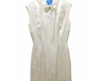 Vintage Retro Tailor Made Cream Colored Brocade Dress Size 8 See Measurements