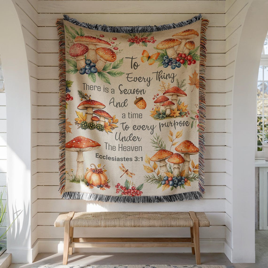 Autumn Mushroom Bible Verse Woven Blanket