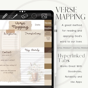 May include: A digital planner template for verse mapping with sections for scripture, translations, context, key words, and notes. The template has a brown and beige color scheme with a coffee cup illustration.