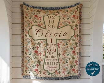 Personalized Christian Tapestry Gift, Custom Name Baptism Blanket,  Floral Cross Woven Blanket, Christian Baptism Gifts For Women
