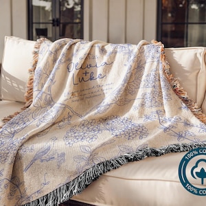 Personalized woven cotton anniversary blanket with names and wedding date