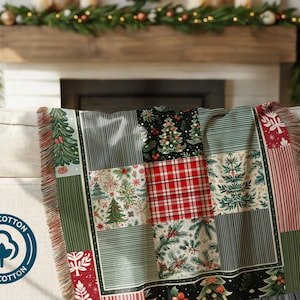 May include: A patchwork Christmas throw blanket with a variety of festive patterns, including Christmas trees, plaid, and stripes. The blanket is made of 100% cotton and has fringed edges. The throw is draped over a beige sofa.