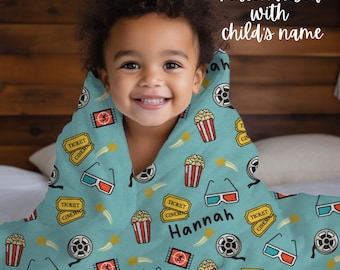 Custom Kids Movie Blanket, Personalized Name Fleece Throw, Cozy Theater Theme Wrap for Children