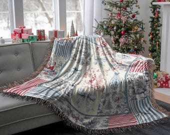 Vintage Christmas Patchwork Woven Throw Blanket | Holiday Winter