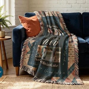 May include: A woven throw blanket featuring a dark blue central panel with the text DAD, personalized photo collages, and names including Norah, Olivia, and Luke. The blanket has a plaid border in shades of blue, red, and beige with fringed edges.