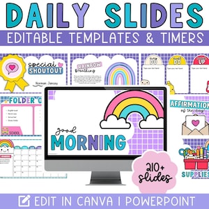 Könnte beinhalten: Ein Computermonitor zeigt eine farbenfrohe Präsentation mit den Worten "DAILY SLIDES" und "EDITABLE TEMPLATES & TIMERS." Der Bildschirm zeigt eine Regenbogen-Grafik, die Worte "good MORNING" und andere Bildungselemente. Das Bild enthält auch den Text "EDIT IN CANVA I POWERPOINT."