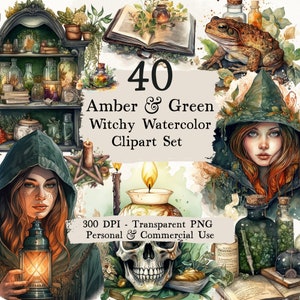 May include: A set of 40 witchy watercolor clipart images in amber and green tones. The clipart includes a witch, a frog, candles, potions, skulls, and other magical elements. 300 DPI - Transparent PNG. Personal & Commercial Use.