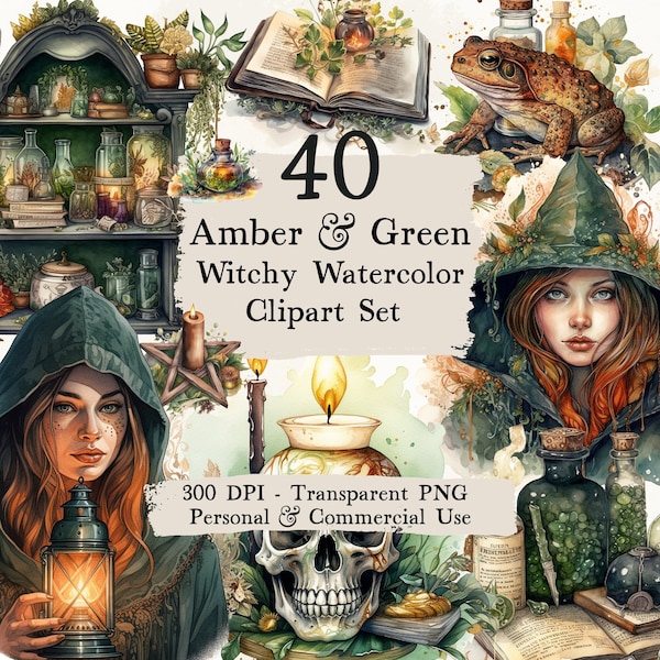 Amber & Green Witchy Watercolor Clipart Set - witchy clipart, occult clipart, magical clipart, witches clipart, pagan, witchcraft clipart
