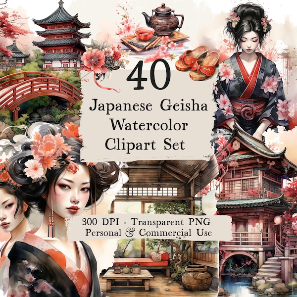 Japanese Geisha Watercolor Clipart Set - Japanese Geisha girls, geisha, geisha arts, geisha girl clip art, Japanese clipart, clipart bundle