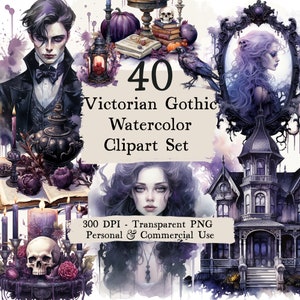 Victorian Gothic Watercolor Clipart Set - Victorian Gothic, Halloween invitation png, halloween clipart bundle, haunted graphics, 300 dpi