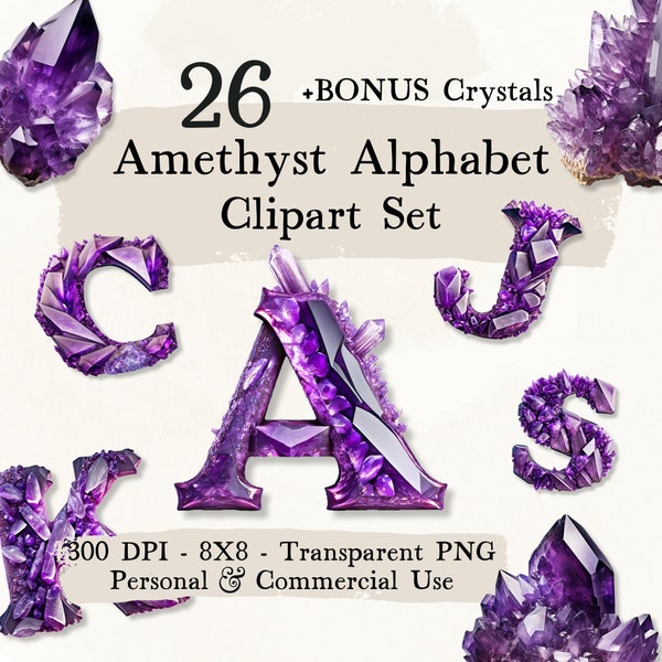 Amethyst Crystal Alphabet Clipart Set - Gemstone Font, Spiritual Typography, High Resolution PNGs, Mystical Letters, Witchy Design Elements