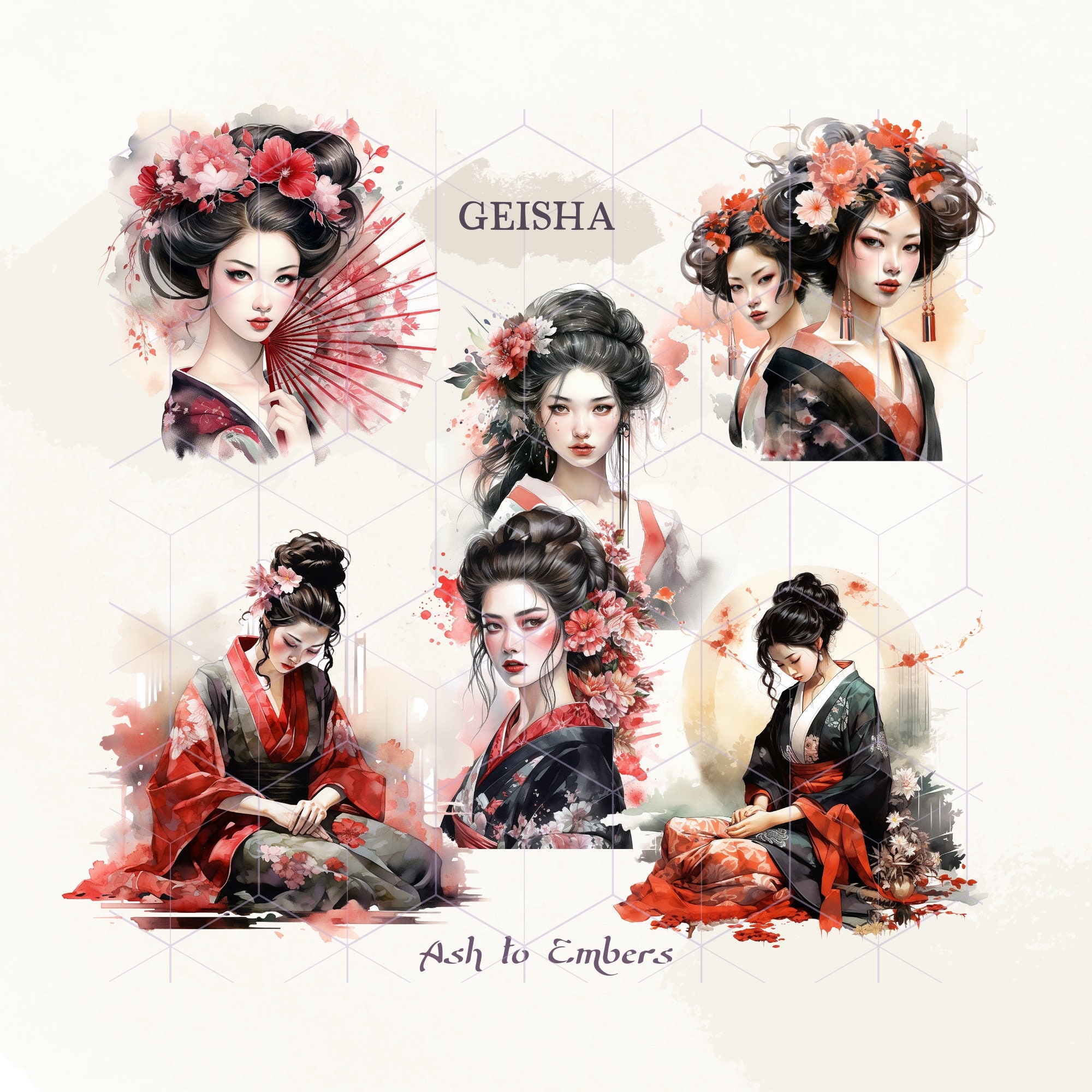 Japanese Geisha Watercolor Clipart Set Japanese Geisha girls, geisha ...