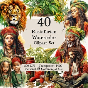 May include: A set of 40 watercolor clipart images featuring Rastafarian themes. The images include people with dreadlocks, lions, marijuana leaves, and jars of herbs. The text "40 Rastafarian Watercolor Clipart Set" is displayed in the center of the image. The text "300 DPI - Transparent PNG Personal & Commercial Use" is displayed at the bottom of the image.