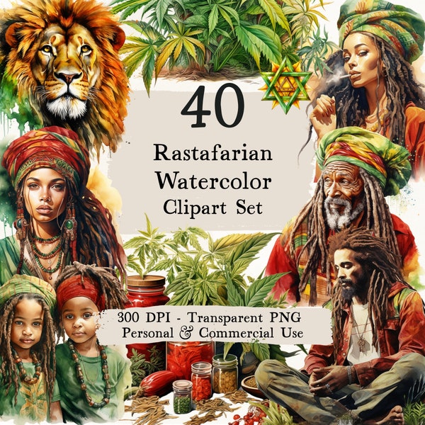 Rastafarian Watercolor Clipart Set - Rasta Image Bundle, Dreadlocks, Lion of Judah, Ital Food, Cannabis, Rasta Culture Icons, Reggae Images