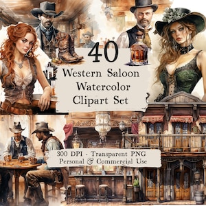 Könnte beinhalten: Ein Set mit 40 Aquarell-Clipart-Bildern, die eine Western-Saloon-Szene darstellen. Das Set enthält Cowboys, Saloon-Girls, eine Bar und andere Western-Elemente. Die Bilder sind 300 DPI und transparente PNG-Dateien. Sie sind für den persönlichen und kommerziellen Gebrauch bestimmt.