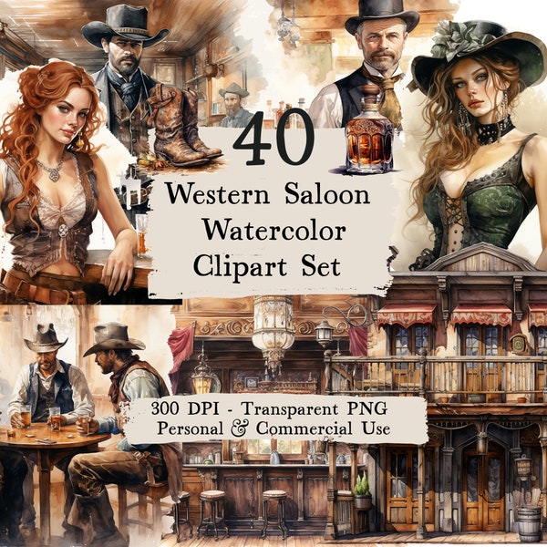 Western Saloon Watercolor Clipart Set - clip art bundle, western, wild west, cowboy graphics saloon girls, outlaw poster, old western images