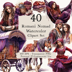 Romani Nomad Watercolor Clipart - Nomadic Lifestyle, Roma People, Cultural Illustrations, Vardo Wagon,  Gypsy Life, Travel Art, PNG Bundle