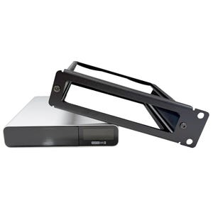 May include: A silver and black electronic device with a digital display, accompanied by a black metal rack. The device has a sleek, modern design. The rack is rectangular with a handle and mounting holes.