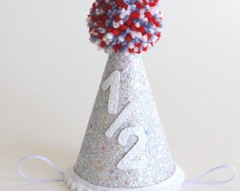 Fourth of July verjaardagsfeestje hoed: glittery 1/2 verjaardag - handgemaakte feestmuts - aandenken voor eerste verjaardag - hoedje voor halve verjaardag voor baby