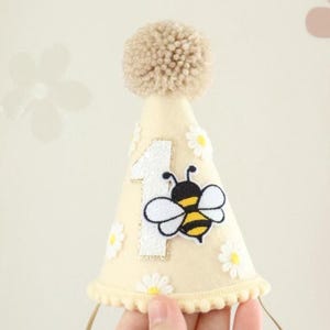 First Bee-day Hat Party Bee Birthday Daisy Theme Garden Celebration Spring Accessory Flower Crown Felt Headpiece Cone Shaped Headwear image 1