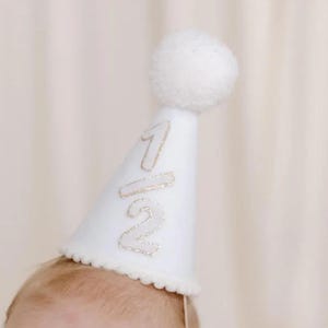 Baby Birthday Hat First Party Smash Cake Photo Prop Handmade Celebration Glitter Crown Half Girl Headpiece Neutral Design Custom Accessory image 1