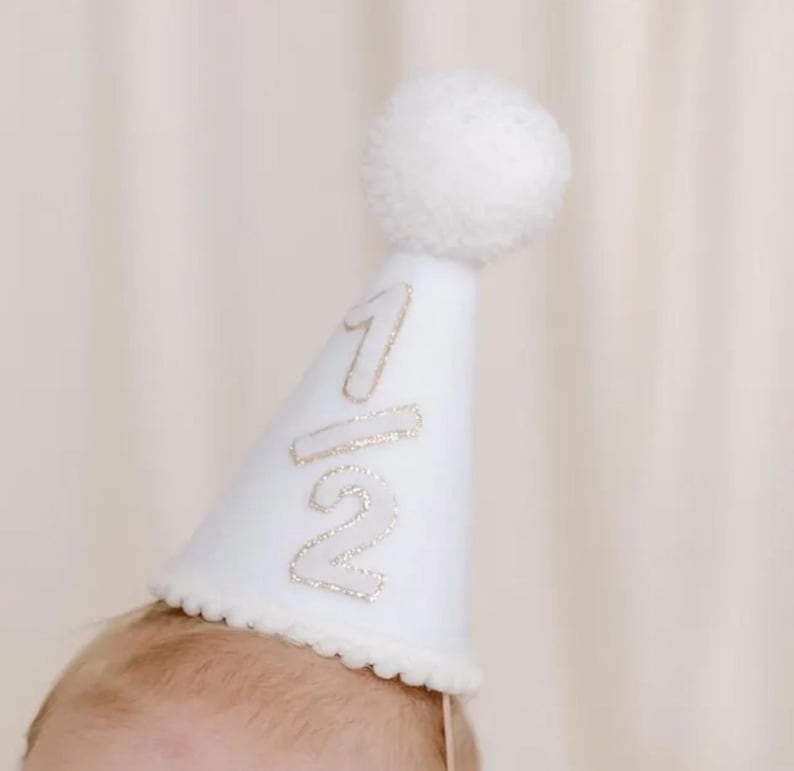 Baby Birthday Hat First Party Smash Cake Photo Prop Handmade Celebration Glitter Crown Half Girl Headpiece Neutral Design Custom Accessory image 1