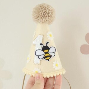 First Bee-day Hat Party Bee Birthday Daisy Theme Garden Celebration Spring Accessory Flower Crown Felt Headpiece Cone Shaped Headwear image 2