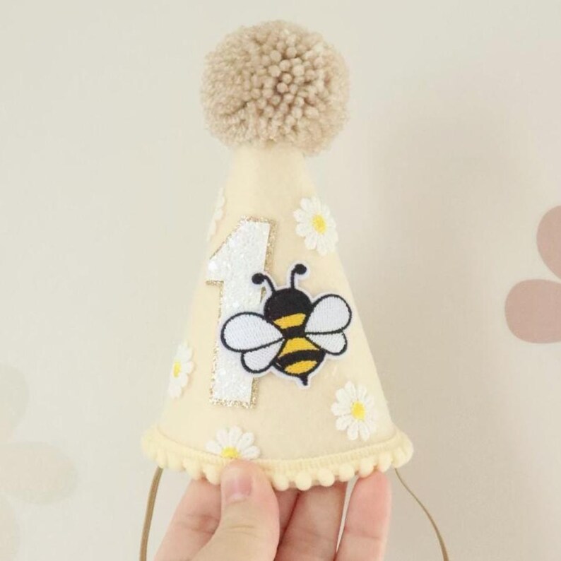 First Bee-day Hat Party Bee Birthday Daisy Theme Garden Celebration Spring Accessory Flower Crown Felt Headpiece Cone Shaped Headwear image 2