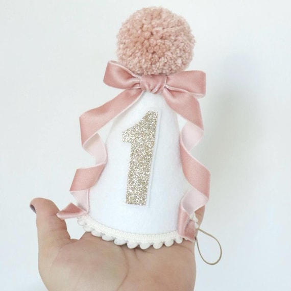 Coquette Birthday Hat First Party Baby Girl Headwear Pink Bow Gold Glitter Number One Celebration Cone Half Handmade Headpiece Photo Prop
