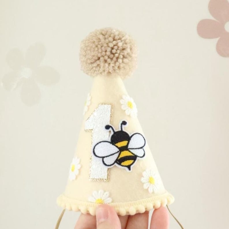 First Bee-day Hat Party Bee Birthday Daisy Theme Garden Celebration Spring Accessory Flower Crown Felt Headpiece Cone Shaped Headwear image 1