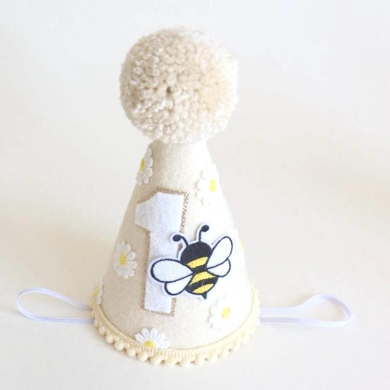 First Bee-day Hat Party Bee Birthday Daisy Theme Garden Celebration Spring Accessory Flower Crown Felt Headpiece Cone Shaped Headwear image 7