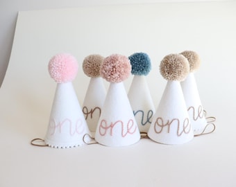 Embroidered First Birthday Party Hat with Pom Pom