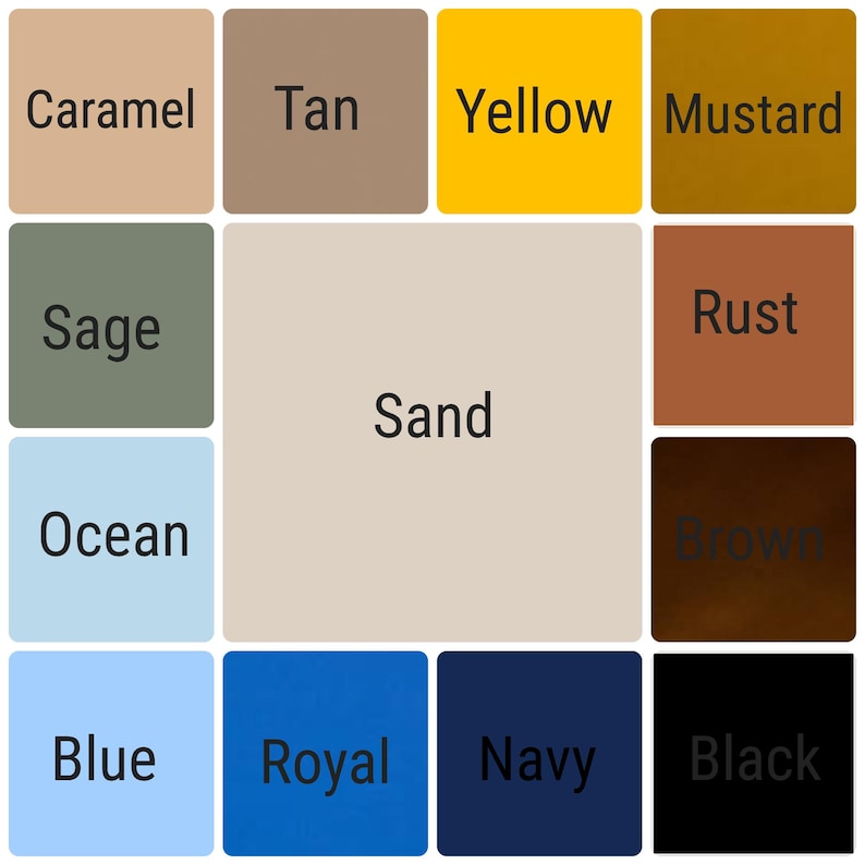May include: A colour chart with 12 different colour swatches. The colours are: Caramel, Tan, Yellow, Mustard, Sage, Sand, Rust, Ocean, Blue, Royal, Navy, and Black.