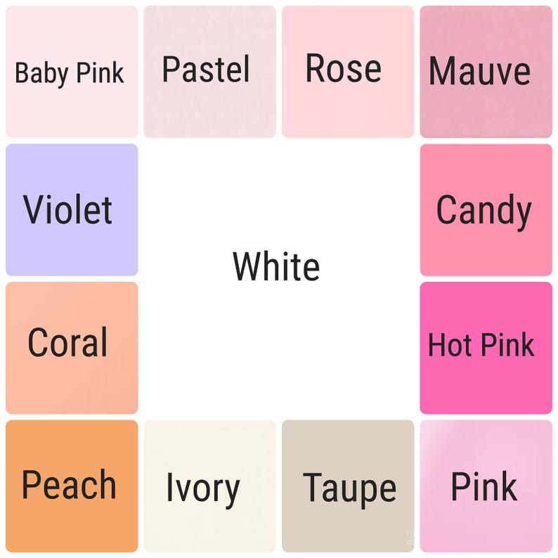 May include: A colour chart with 12 different shades of pink, peach, coral, violet, white, and beige. The colours are labelled with their names: Baby Pink, Pastel, Rose, Mauve, Violet, Candy, White, Coral, Hot Pink, Peach, Ivory, Taupe, and Pink.
