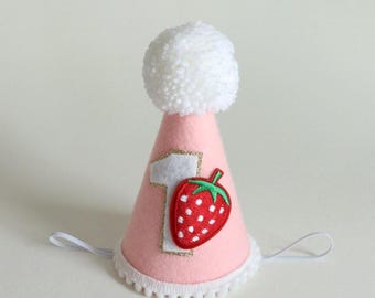 Strawberry First Birthday Hat: Handmade Felt Party Cone