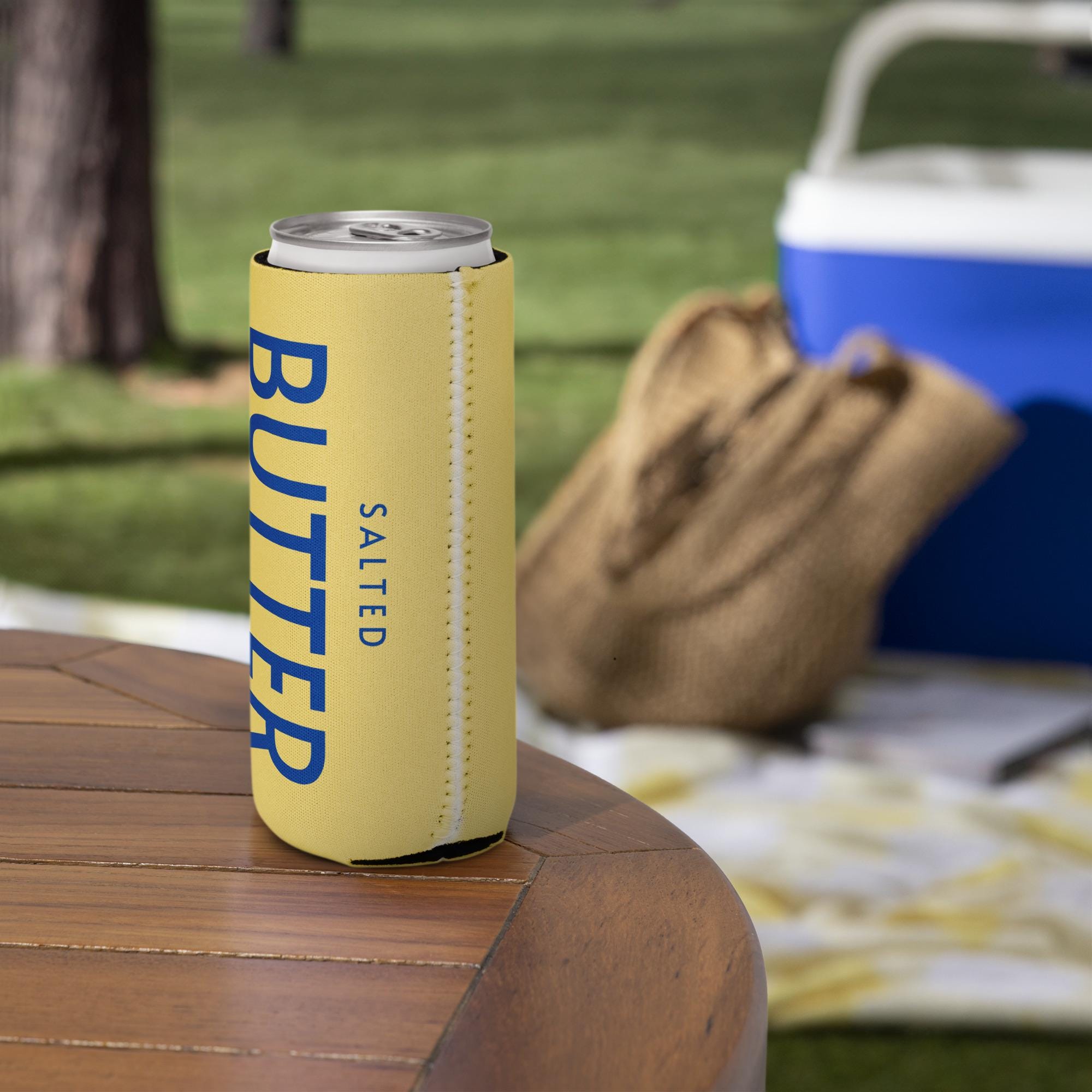 Butter Can Cooler Sleeve – Skinny Can Koozie for Short & Tall Cans, Butter Yellow with Blue Text, Funny Retro Drink Holder