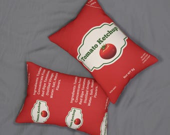 Funny Tomato Ketchup Lumbar Pillow, Novelty Decorative Throw Cushion, Home Accent Pillow, Gift for Foodie, Red Kitchen Decor
