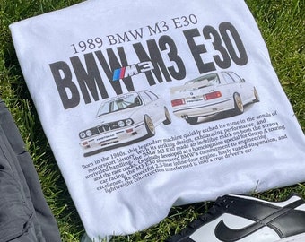 BMW E30 M3 T- Shirt - 1989 Print Original Art Car Shirt Poster Type Design for Birthday / Gifts For Car Guys / Gift for Dad