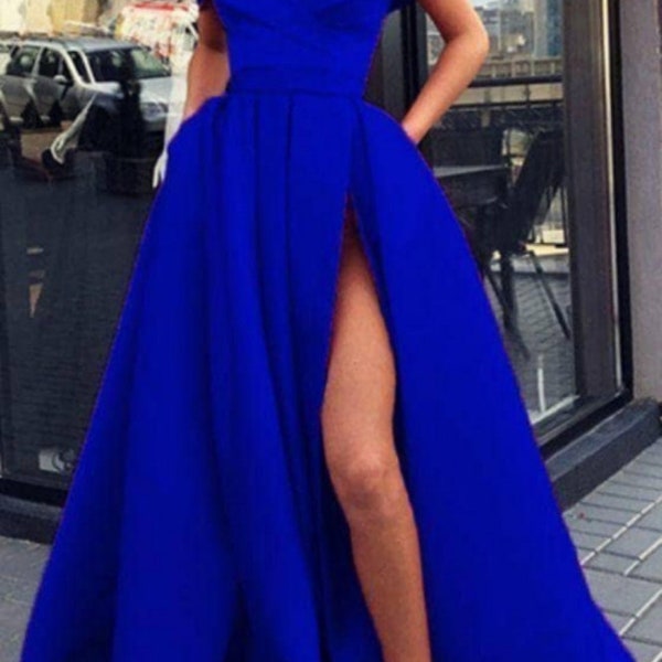 Blue off shoulder mermaid dress, Dress with thigh high slit, Wedding Reception dress, evening Gown, Aline maxi dress, Engagement dress