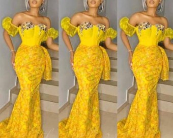 African Off shoulder dress,Aline floor length dress,lace outfit, African party dress,Asoebi lace dress,Wedding guest outfit,Engagement dress