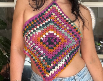 Carol granny  crop crochet cover up top| tie backless halter