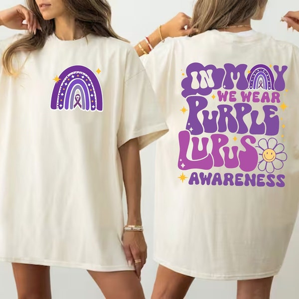 Im Mai tragen wir ein lila Lupus-Bewusstseins-Shirt, ein Lupus-Krieger-Shirt, ein lila Bewusstseins-Shirt, ein lila Regenbogen-Shirt und ein lila Band-Shirt