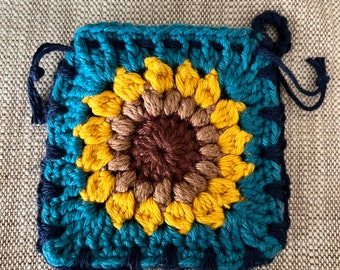 Small Crocheted Sunflower Granny Square Pouch