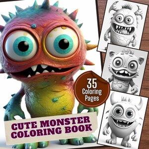 Monster Coloring Page - Set of 35 Printable Pages, Coloring Book for Adult and Kids, Illustrations, Instant Download -Grayscale Artwork, PDF