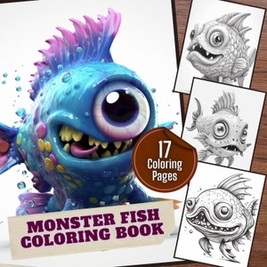 Monster Fish Color Page - Set of 30 Printable Relaxing Sea World Illustrations for Adults and Kids, Nature-Themed Coloring Sheets, Grayscale